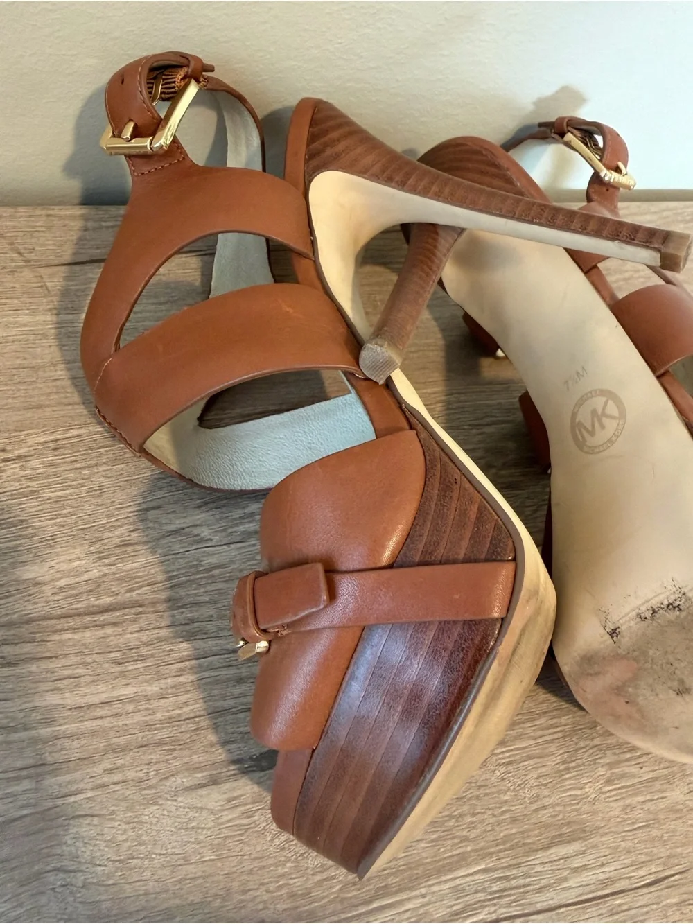 Michael Kors Tan Leather Platform Stiletto Sandals with MK Medallion